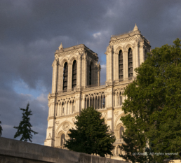 Notre Dame de Paris éclairée par le soleil couchant et sous un ciel menaçant